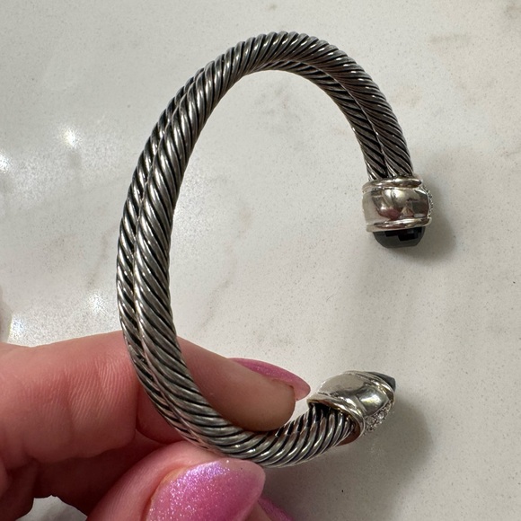 Cable Cuff Bracelet with Black Crystals and CZ, Silver Tone Adjustable Open Cuff - Picture 11 of 16